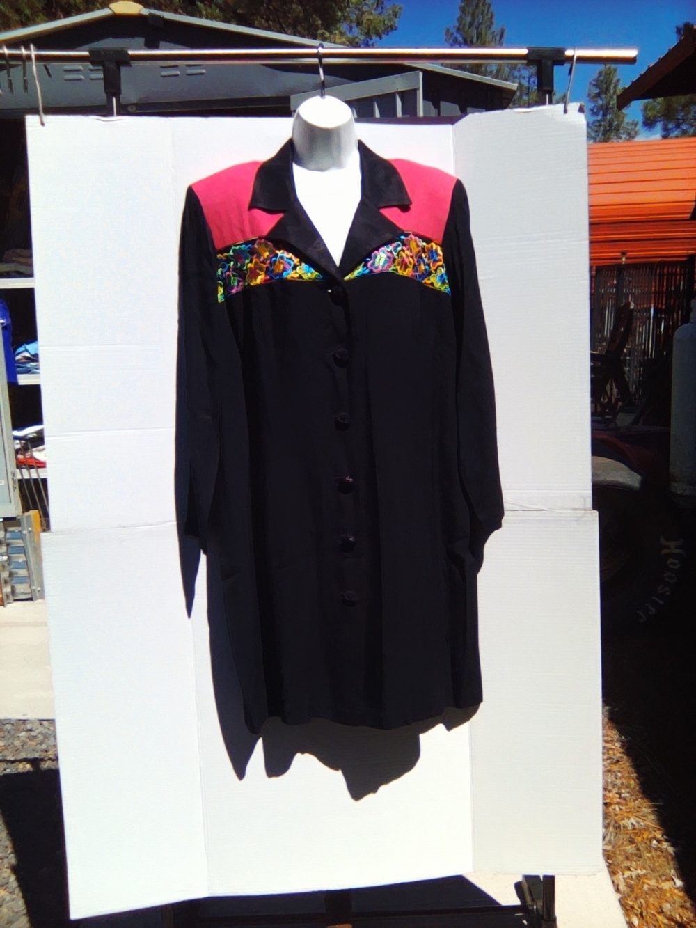 Vintage-Inspired Black Dress with Pink Yoke and Multicolor Accents